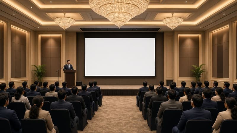 Conference hall with rows of seated attendees facing a screen