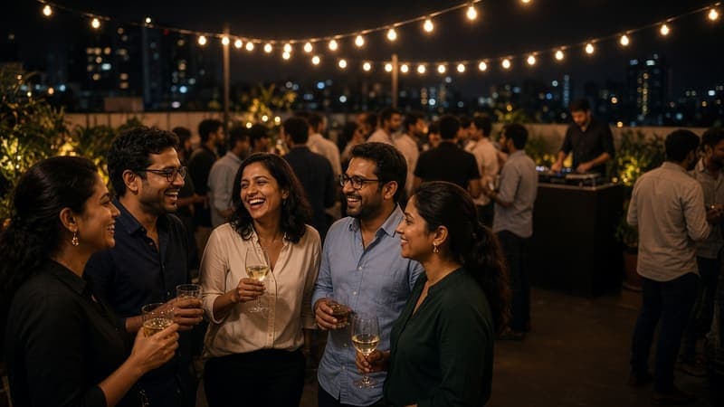 Colleagues chatting at an evening rooftop party under string lights