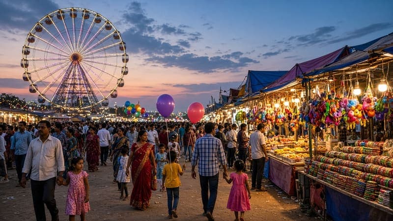 Fair with a giant wheel and stalls at sunset