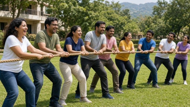 Team playing tug of war on a lawn