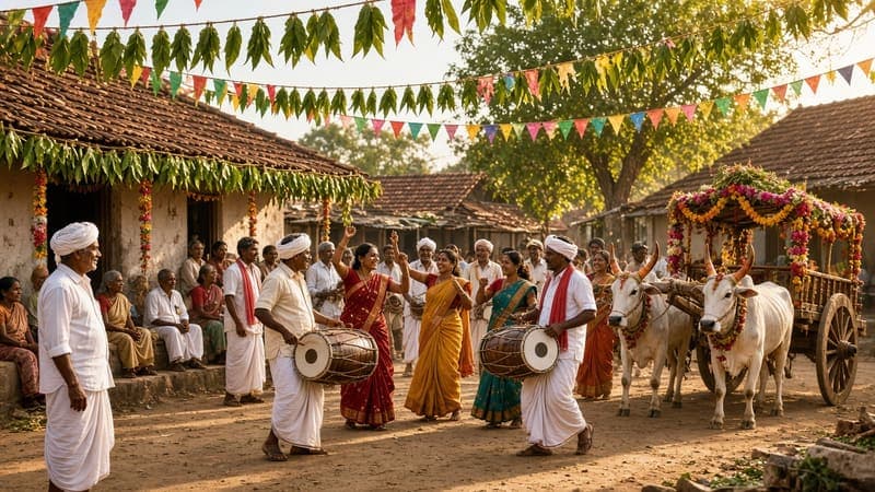 Village lane with bunting, drummers and decorated bullock carts