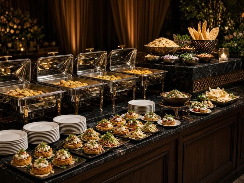 Buffet counter with rows of serving dishes