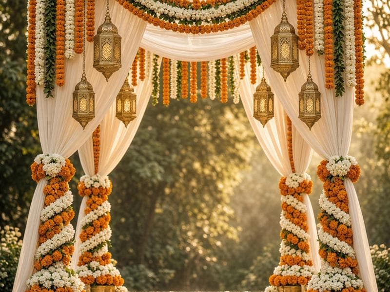 Strings of orange marigolds and white drapes framing a sunlit garden