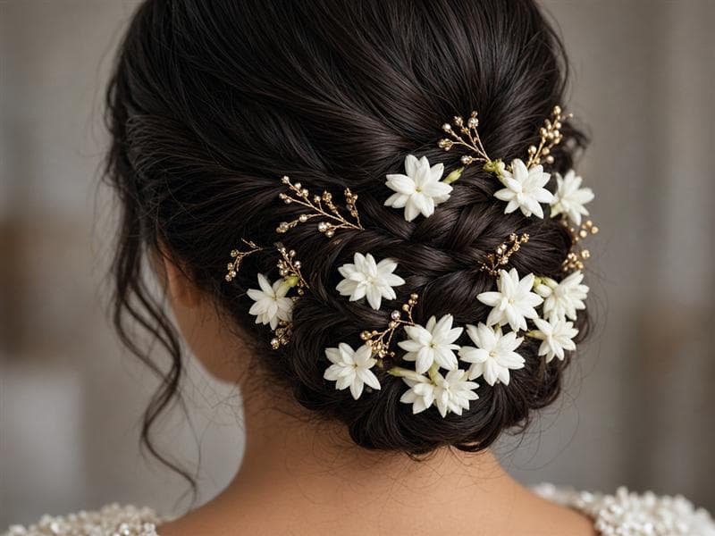 Back view of a bridal bun decorated with white flowers