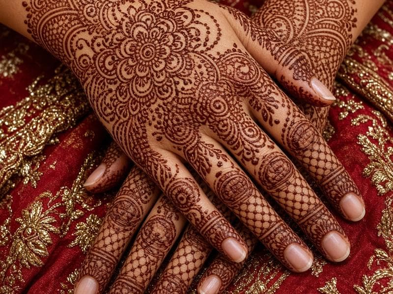 Hands covered in intricate bridal mehendi resting on a red embroidered outfit